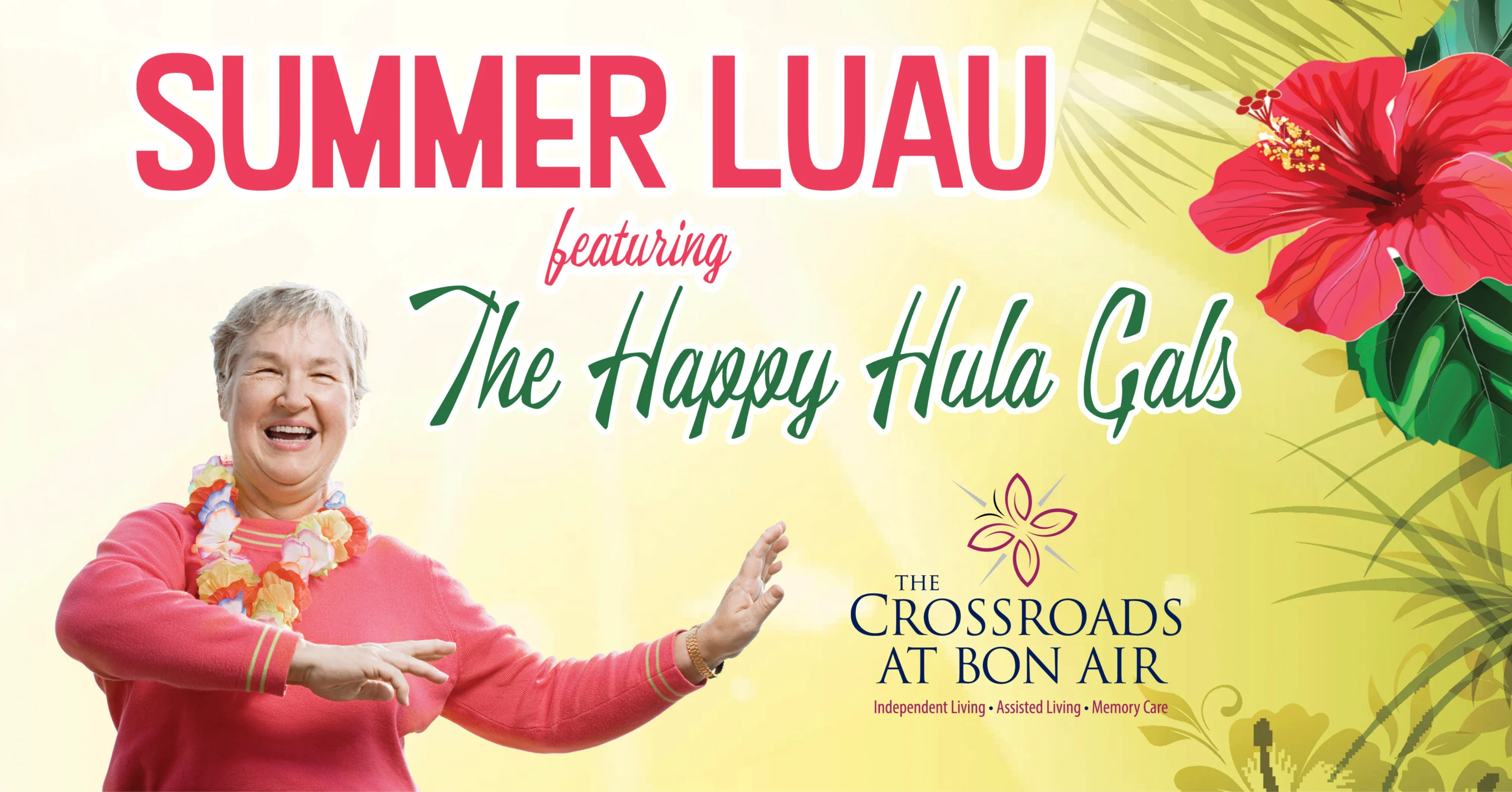 Summer Luau banner with dancing woman and hibiscus