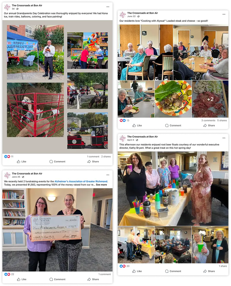 The Crossroads at Bon Air Facebook posts showing resident activities and events