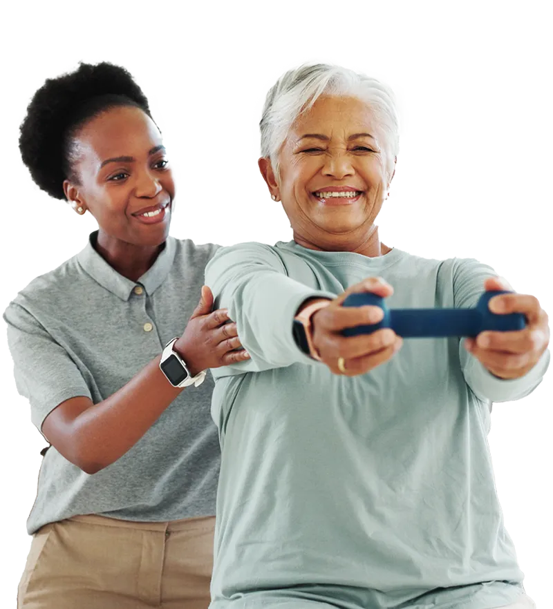 Senior woman exercising with trainer and resistance band