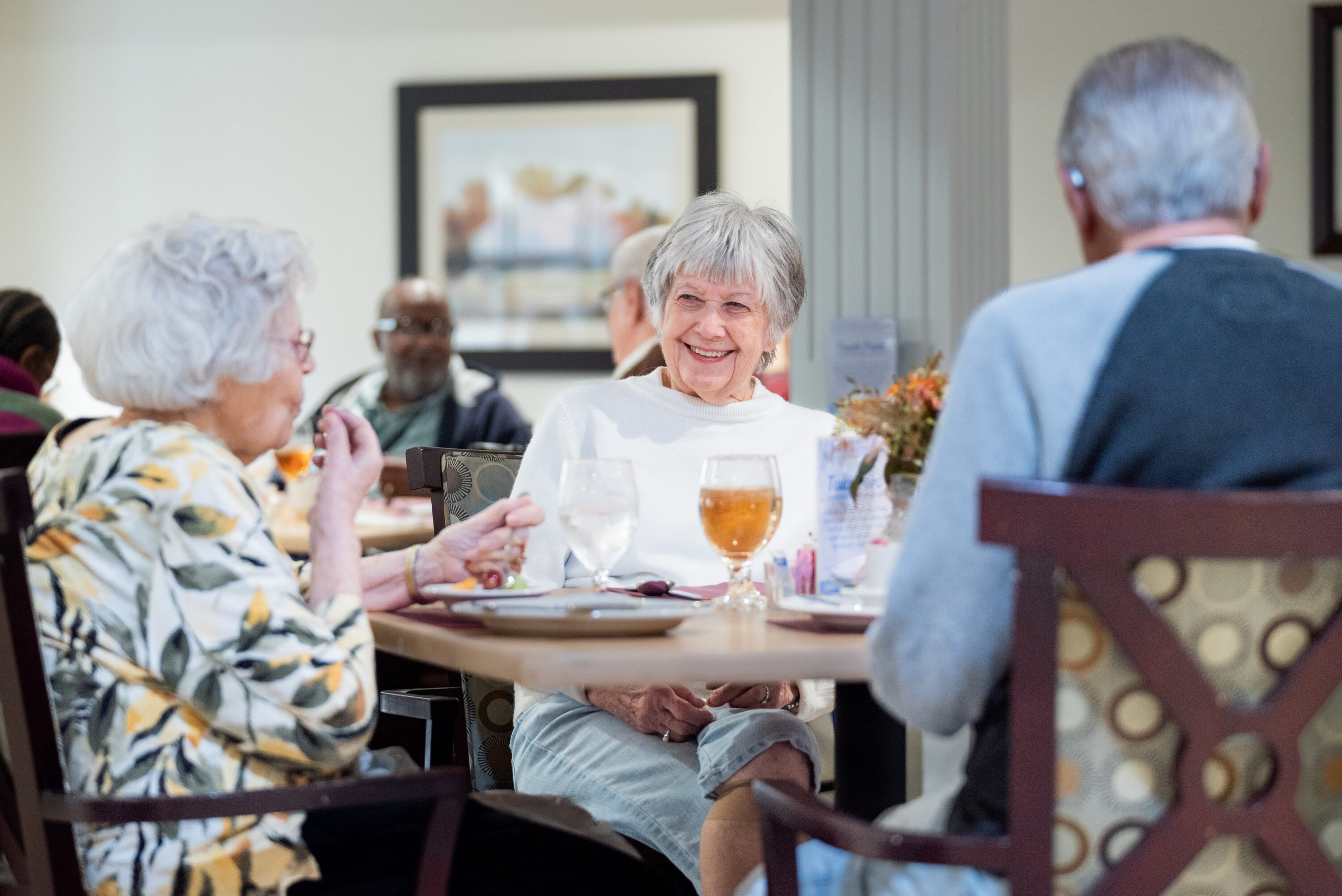 Seniors enjoying a meal together at a table